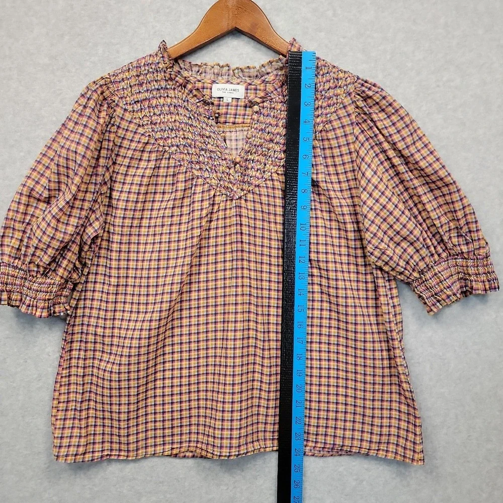 Olivia James The Label Women Large Plaid Smocked Puff Sleeve Blouse Top Cotton - Picture 7 of 10